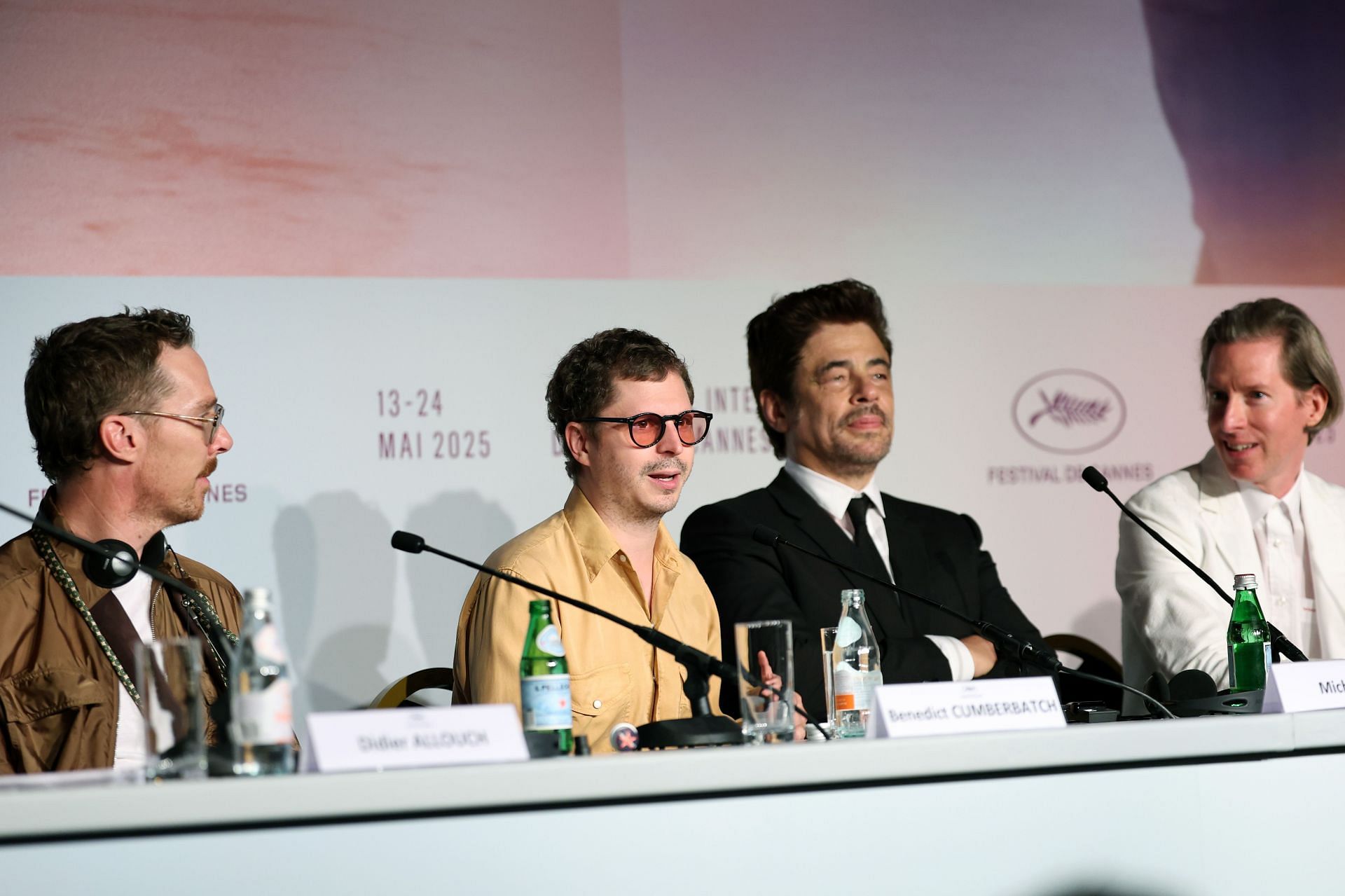 Benedict Cumberbatch, Michael Cera, Benicio del Toro, and Wes Anderson discuss the movie at the Phoenician Scheme Press Conference at the 78th Annual Cannes Film Festival. - (Image via Getty)